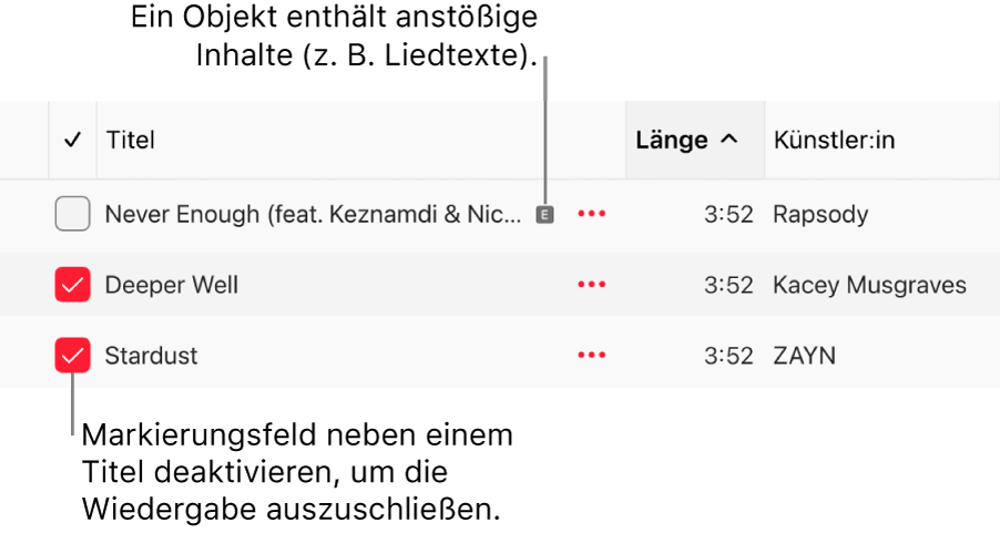 Details der Ansicht „Titel“ auf Apple Music mit Markierungsfeldern und einem Symbol für anstößige Inhalte beim ersten Titel (das anzeigt, dass der Titel anstößige Inhalte enthält, zum Beispiel in den Liedtexten). Durch Deaktivieren des Markierungsfelds neben einem Titel wird das Abspielen des Titels verhindert.