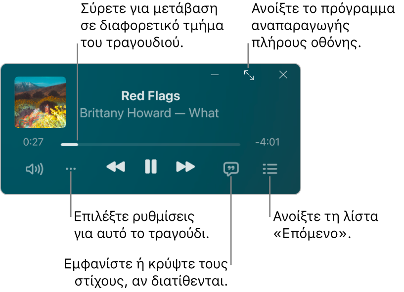 Το MiniPlayer, που περιλαμβάνει στοιχεία ελέγχου για το τραγούδι το οποίο αναπαράγεται. Το βασικό τμήμα του παραθύρου εμφανίζει το εξώφυλλο του άλμπουμ για το τραγούδι. Κάτω από το εξώφυλλο βρίσκεται ένα ρυθμιστικό για μετακίνηση σε ένα διαφορετικό τμήμα του τραγουδιού, και κουμπιά για προσαρμογή της έντασης ήχου, επιλογή ρυθμίσεων, εμφάνιση στίχων και εμφάνιση του επόμενου τραγουδιού. Στην πάνω δεξιά γωνία βρίσκεται ένα κουμπί για άνοιγμα της Αναπαραγωγής σε πλήρη οθόνη.