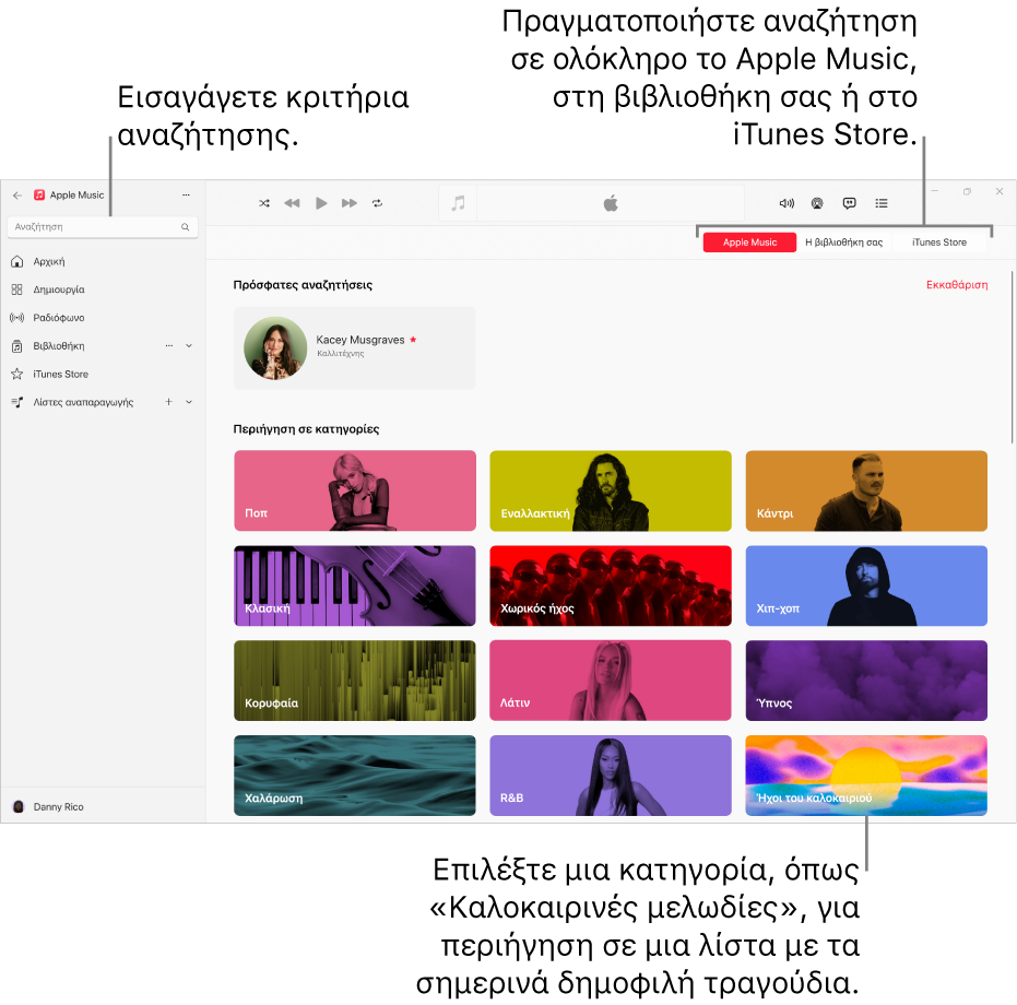 Το παράθυρο Apple Music όπου φαίνονται το πεδίο αναζήτησης στην πάνω αριστερή γωνία, η λίστα κατηγοριών στο κέντρο του παραθύρου, και τα κουμπιά «Apple Music», «Η Βιβλιοθήκη σας» και «iTunes Store» στην πάνω δεξιά γωνία.