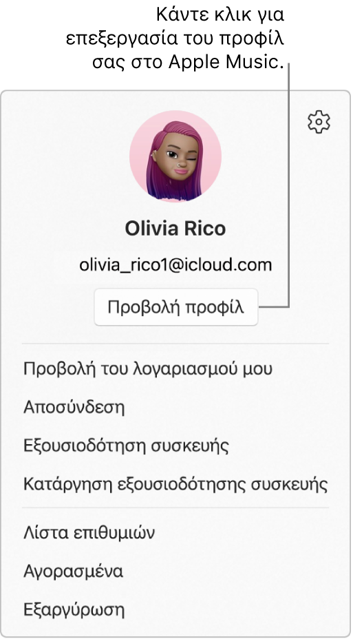 Το μενού προφίλ, που εμφανίζεται όταν επιλέγετε το όνομά σας στο κάτω μέρος της πλαϊνής στήλης. Η εικόνα χρήστη και ο λογαριασμός Apple βρίσκονται στο πάνω μέρος. Το κουμπί «Προβολή προφίλ» βρίσκεται κάτω από το στοιχείο «Λογαριασμός Apple». Οι επιλογές μενού περιλαμβάνουν τις επιλογές «Προβολή του λογαριασμού μου», «Εξουσιοδότηση υπολογιστή» και «Λίστα επιθυμιών».