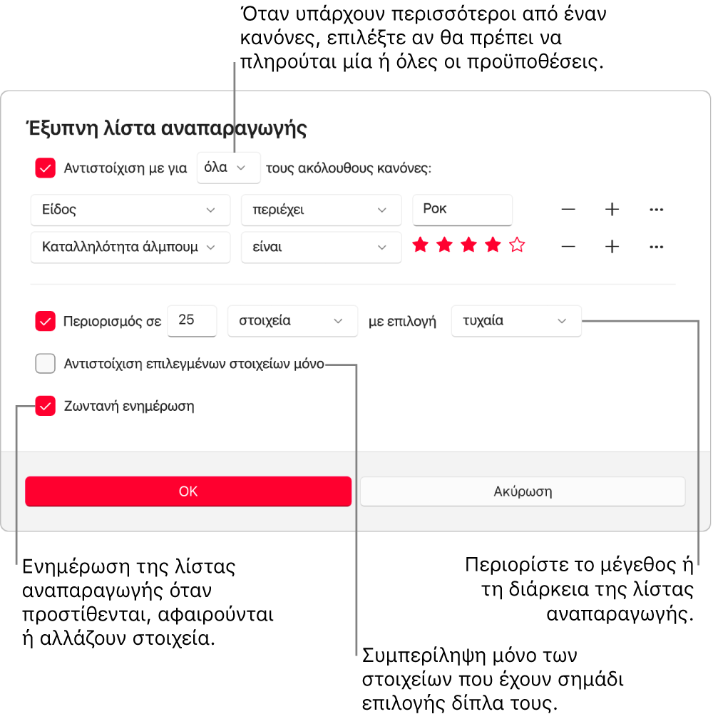 Το πλαίσιο διαλόγου Έξυπνης λίστας αναπαραγωγής: Στην πάνω αριστερή γωνία, επιλέξτε «Αντιστοίχιση» και μετά καθορίστε τα κριτήρια λίστας αναπαραγωγής (π.χ. είδος ή βαθμολογία). Συνεχίστε να προσθέτετε ή να αφαιρείτε κανόνες επιλέγοντας το κουμπί «Προσθήκη» ή «Αφαίρεση» στα δεξιά. Επιλέξτε διάφορες ρυθμίσεις στο κάτω τμήμα του πλαισίου διαλόγου, π.χ. περιορισμός του μεγέθους ή της διάρκειας της λίστας αναπαραγωγής, συμπερίληψη μόνο των επιλεγμένων τραγουδιών, ή ρύθμιση του Apple Music ώστε να ενημερώνει τη λίστα αναπαραγωγής καθώς αλλάζουν τα στοιχεία στη βιβλιοθήκη σας.