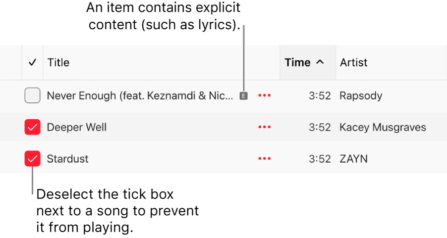 Detail of the songs list in Apple Music, showing the tickboxes and an explicit symbol for the first song (indicating it has explicit content such as lyrics). Deselect the tickbox next to a song to prevent it from playing.