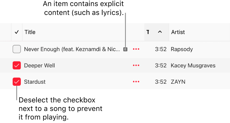 Detail of the songs list in Apple Music, showing the checkboxes and an explicit symbol for the first song (indicating it has explicit content such as lyrics). Deselect the checkbox next to a song to prevent it from playing.