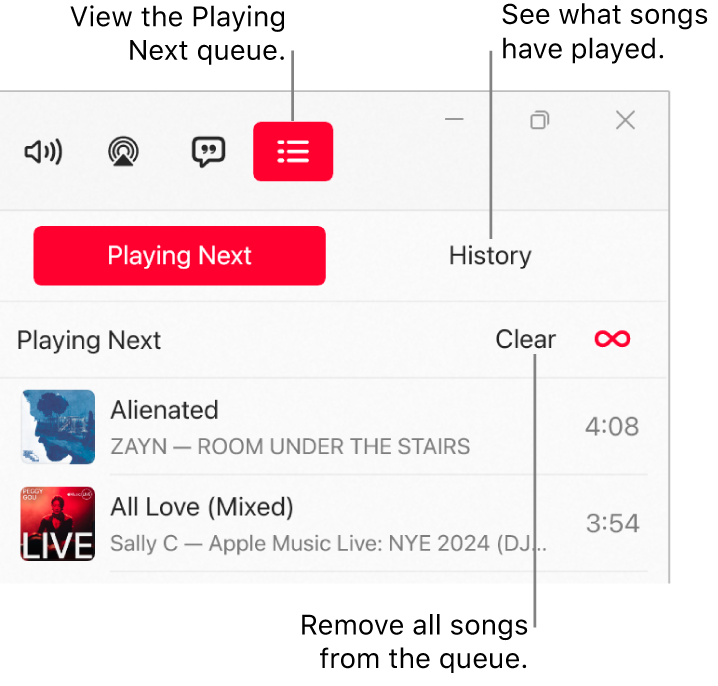 The top-right corner of the Apple Music window with the Playing Next button at the top of the Playing Next queue. The History button is to the right of the Playing Next button. Select the History button to see the previously played songs. The Clear link is below the History button. Select the Clear link to remove all songs from the queue.