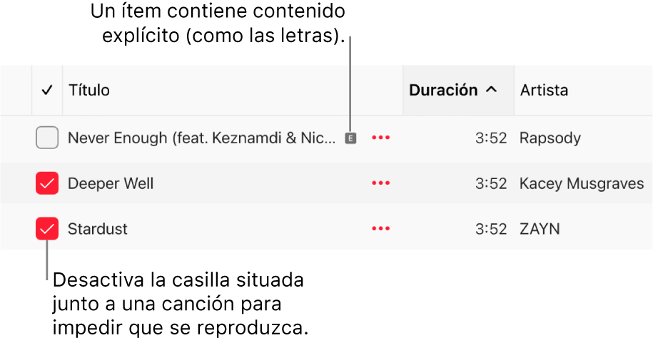 Detalle de la lista de canciones en Apple Music, con las casillas y un símbolo explícito de la primera canción (que indica que incluye contenido explícito, como las letras). Anula la selección de la casilla en aquellas canciones que no quieras reproducir.