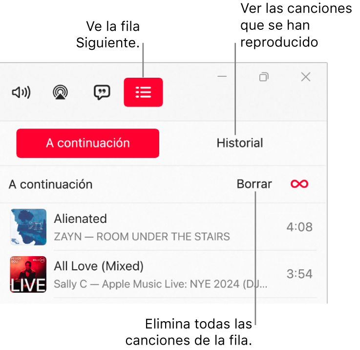 La esquina superior derecha de la ventana de Apple Music con el botón “A continuación” en la parte superior de la cola “A continuación”. El botón Historial está a la derecha del botón “A continuación”. Selecciona el botón Historial para ver las canciones que se han reproducido previamente. El enlace Borrar está debajo del botón Historial. Selecciona el enlace Borrar para eliminar todas las canciones de la cola.