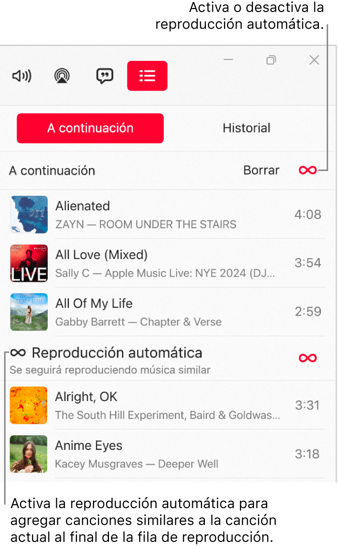 La cola “A continuación”, con una lista de las siguientes canciones y el icono “Reproducción automática” a la derecha. Selecciona el icono “Reproducción automática” para activar o desactivar esta función. Si está activada la reproducción automática, se añaden canciones similares al final de la cola.