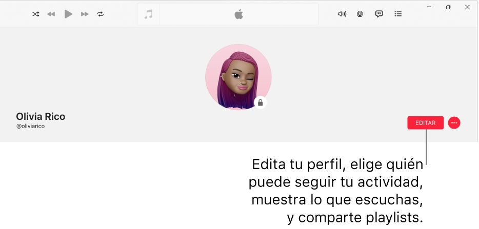 La página de perfil de Apple Music: en el lado derecho de la ventana está el botón Editar, el cual puedes seleccionar para modificar tu perfil, elegir quién puede seguir tu actividad, mostrar lo que escuchas y compartir playlists.