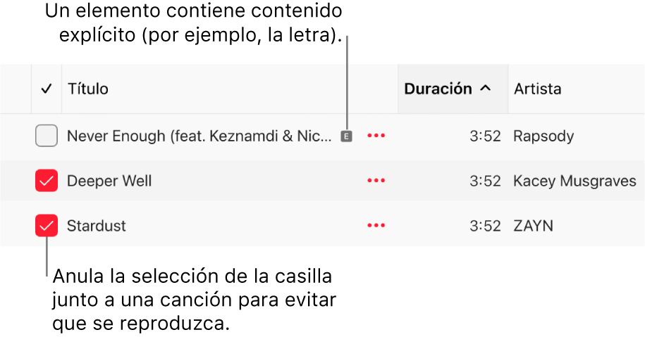 Detalle de la lista de canciones en la app Apple Music, con las casillas a la izquierda y el símbolo de contenido explícito para la primera canción (que indica que su contenido es explícito, por ejemplo, la letra). Anula la selección junto a una canción para evitar que se reproduzca.