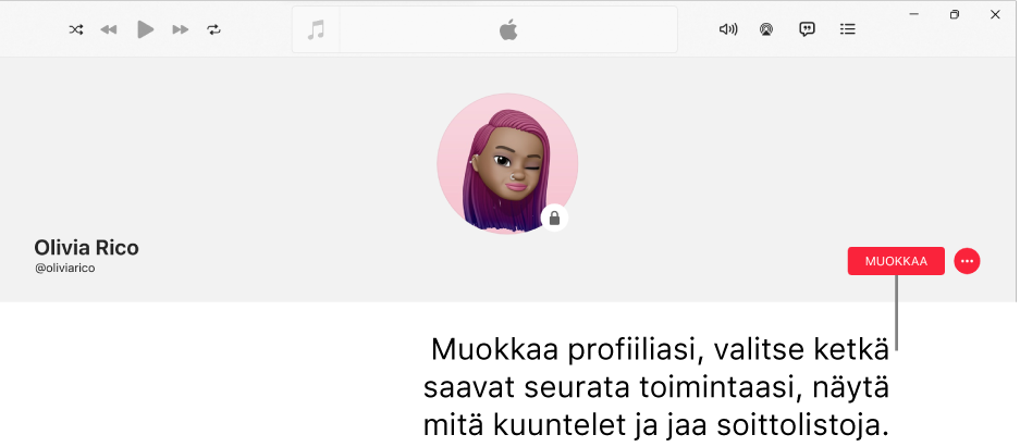 Profiilisivu Apple Musicissa: ikkunan oikealla puolella on Muokkaa-painike, jonka valitsemalla voit muokata profiilia, valita ketkä voivat seurata toimintaasi, näyttää mitä kuuntelet ja jakaa soittolistoja.