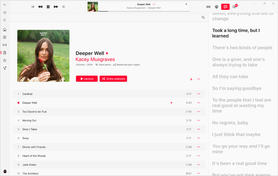 Une chanson en lecture avec les paroles à droite, qui s’affichent à l’écran en synchronisation avec la musique.