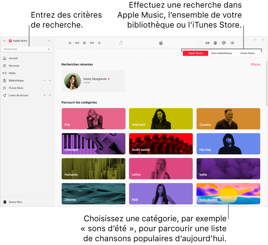 La fenêtre Apple Music, avec le champ de recherche en haut à gauche de la fenêtre, la liste de catégories au centre de la fenêtre et les boutons « Apple Music », « Votre bibliothèque » et « iTunes Store » dans le coin supérieur droit.