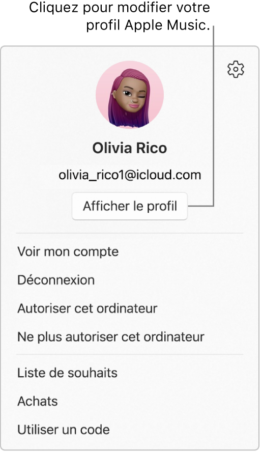 Le menu du profil, qui s’affiche lorsque vous sélectionnez votre nom en bas de la barre latérale. L’image de l’utilisateur et son compte Apple se trouvent en haut. Le bouton Afficher le profil se trouve sous le compte Apple. Les options de menu comprennent Voir mon compte, Autoriser cet ordinateur et Liste de souhaits.