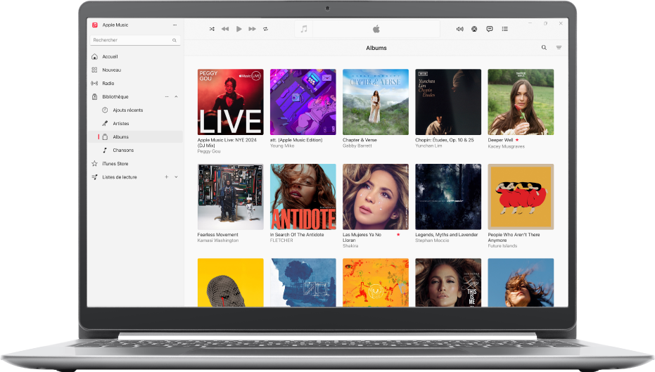 La fenêtre Apple Music avec une bibliothèque de plusieurs albums.