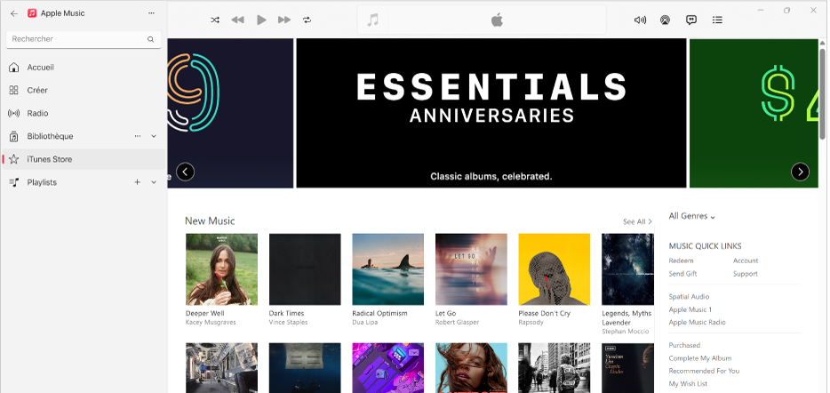 La fenêtre principale de l’iTunes Store : dans la barre latérale, iTunes Store est surligné.