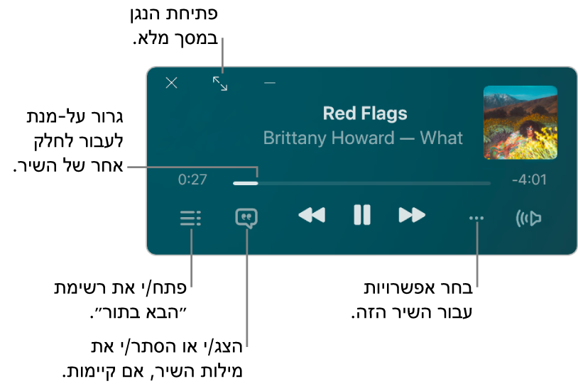 הנגן המוקטן שמציג את כלי הבקרה עבור השיר שמתנגן. החלק הראשי של החלון מציג את עטיפת האלבום של השיר. מתחת לעטיפת האלבום מופיעים מחוון למעבר לחלק אחר של השיר וכפתורים לכוונון עוצמת הקול, לבחור אפשרויות, להצגת המילים ולצפייה בשיר שינוגן לאחר מכן. בפינה השמאלית העליונה מופיע כפתור לפתיחת ״נגן במסך מלא״.