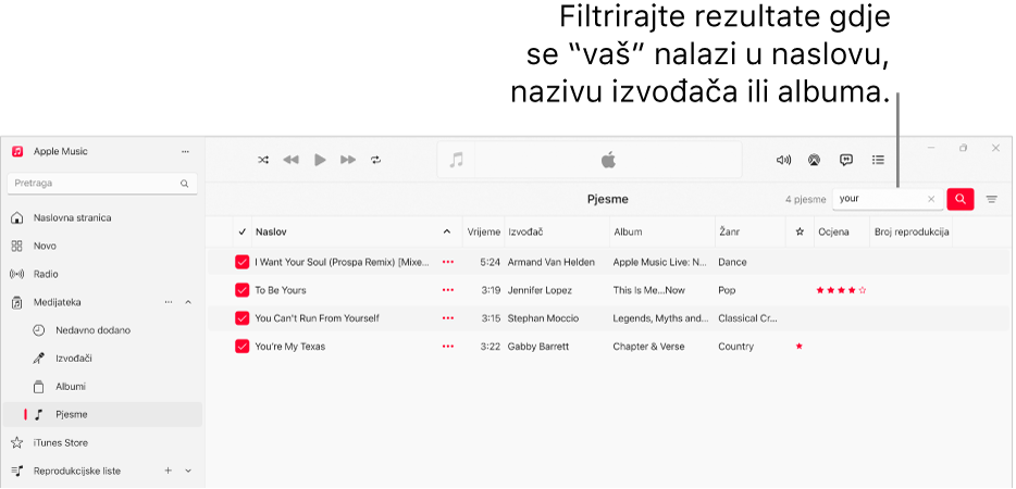 Prozor usluge Apple Music s prikazom popisa pjesama koje se pojavljuju kad se riječ “ljubav” unosi u polje filtra u gornjem desnom kutu. Pjesme na popisu uključuju riječ "ljubav" u njihovom naslovu, izvođaču ili nazivu albuma.