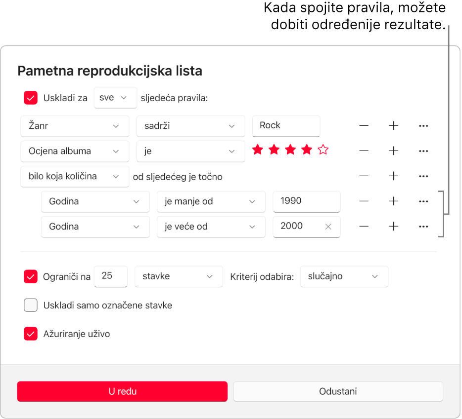 Dijaloški okvir Smart reprodukcijske liste: Tipkom Grupira s desne strane izrađujte dodatna, grupirana pravila za preciznije rezultate.