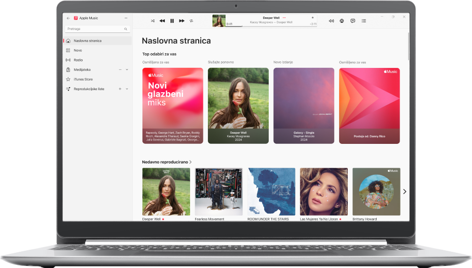 Prozor usluge Apple Music s prikazom Početne stranice.