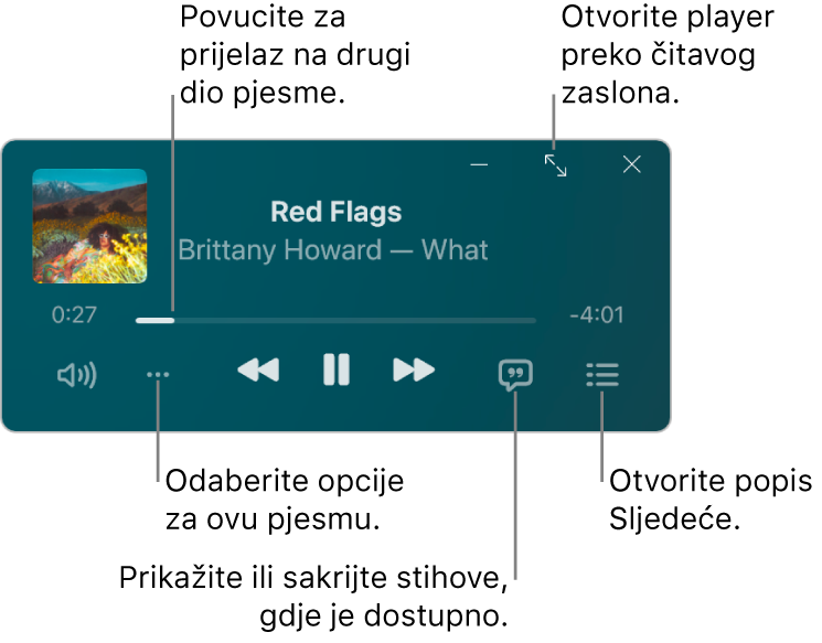 MiniPlayer prikazuje kontrole za pjesmu koja se reproducira. Glavni dio prozora omot albuma za pjesmu. Ispod omota nalazi se kliznik za prebacivanje na različiti dio pjesme i tipke za prilagodbu glasnoće, odabir opcija, prikaz riječi te onog što se sljedeće reproducira. U gornjem desnom kutu nalazi se tipka za otvaranje Reprodukcije preko cijelog zaslona.