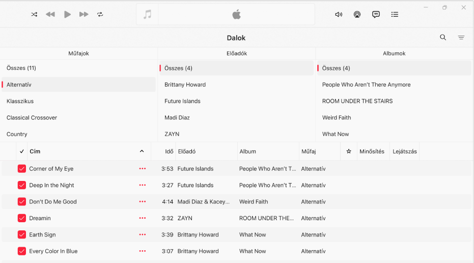 A Zene app ablaka, amelyben az oszlopböngésző látható a dalok listája felett.