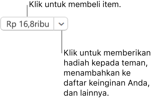 Tombol menampilkan harga. Pilih harga untuk membeli item. Pilih panah di samping harga untuk memberikan item sebagai hadiah kepada teman, menambahkan item ke daftar keinginan Anda, dan lainnya.