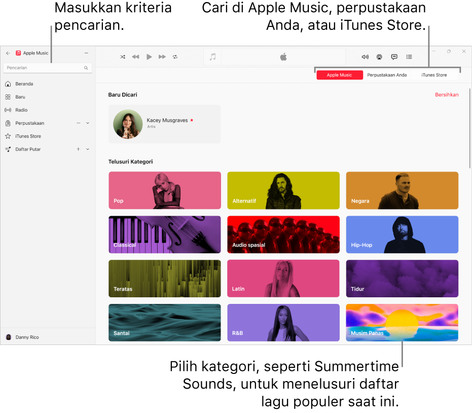 Jendela Apple Music menampilkan bidang pencarian di pojok kiri atas, daftar kategori di tengah jendela, dan tombol Apple Music, Perpustakaan Anda, serta iTunes Store di pojok kanan atas.