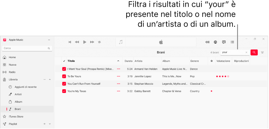 La finestra di Apple Music mostra l’elenco dei brani che vengono visualizzati digiti “love” nel campo del filtro nell’angolo in alto a destra. I brani nell’elenco includono la parola “love” nel titolo, nell’artista o nel nome dell’album.