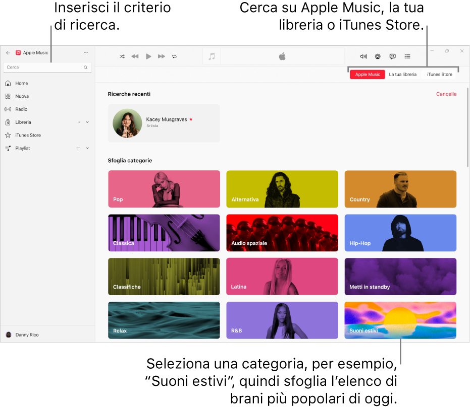 La finestra di Apple Music con il campo di ricerca nell’angolo in alto a sinistra, l’elenco delle categorie al centro della finestra e i pulsanti Apple Music, “La tua libreria” e iTunes Store nell’angolo in alto a destra.