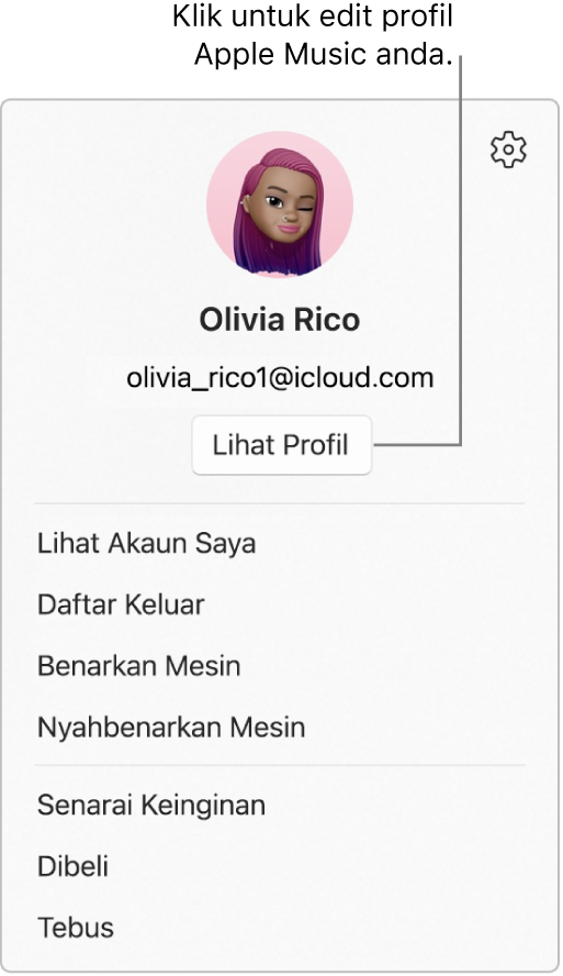 Menu profil, yang kelihatan apabila anda memilih nama anda di bahagian bawah bar sisi. Imej pengguna dan Akaun Apple berada di bahagian atas. Butang Lihat Profil berada di bahagian bawah Akaun Apple. Pilihan menu termasuk Lihat Akaun Saya, Benarkan Mesin dan Senarai Keinginan.