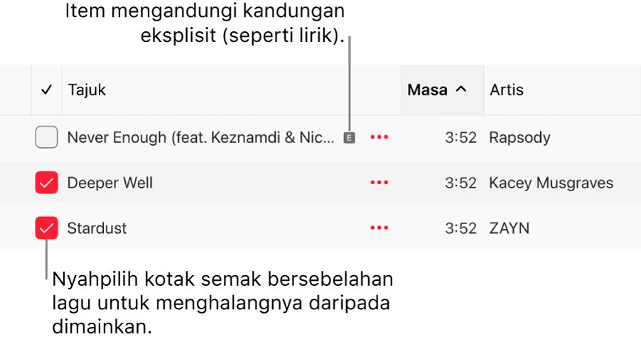 Butiran senarai lagu dalam Apple Music, menunjukkan kotak semak dan simbol eksplisit untuk lagu pertama (menandakan ia mempunyai kandungan eksplisit seperti lirik). Nyahpilih kotak semak bersebelahan lagu untuk menghalangnya daripada bermain.