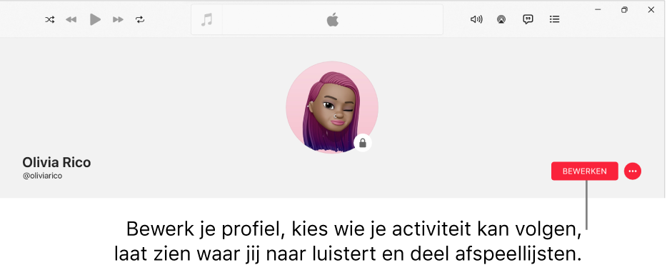 De profielpagina in Apple Music: aan de rechterkant van het venster is de knop 'Bewerken'; deze kun je selecteren om je profiel te bewerken, om op te geven wie je activiteit kan volgen, om te laten zien waar je naar luistert en om afspeellijsten te delen.