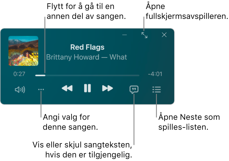 Minispiller viser kontroller for sangen som spilles av. Hoveddelen av vinduet viser albumbildet for sangen. Under bildet er det en skyveknapp du kan bruke til å hoppe fram eller tilbake i sangen, og knapper for å justere volum, velge valg, vise sangtekster og se hva som er neste sang i køen. Øverst i høyre hjørne er det en knapp for å åpne fullskjermsavspilleren.