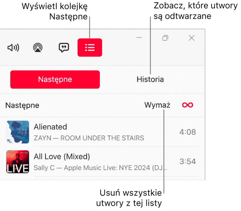 Prawy górny róg okna aplikacji Apple Music. U góry widoczny jest przycisk Następne, który wyświetla kolejkę Następne. Na prawo od przycisku Następne znajduje się przycisk Historia. Wybierz przycisk Historia, aby zobaczyć ostatnio odtwarzane utwory. Pod przyciskiem Historia znajduje się łącze Wymaż. Wybierz łącze Wymaż, aby usunąć wszystkie utwory z kolejki.