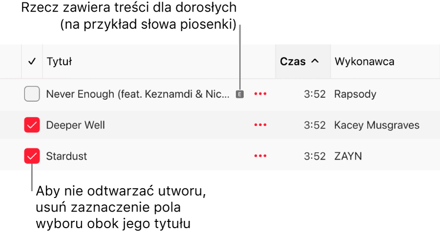 Fragment listy utworów w aplikacji Apple Music z widocznymi polami wyboru. Pierwszy utwór oznaczony jest jako przeznaczony tylko dla osób dorosłych (ponieważ na przykład jego słowa zawierają wulgaryzmy). Jeśli utwór nie ma być odtwarzany, należy usunąć zaznaczenie jego pola wyboru.