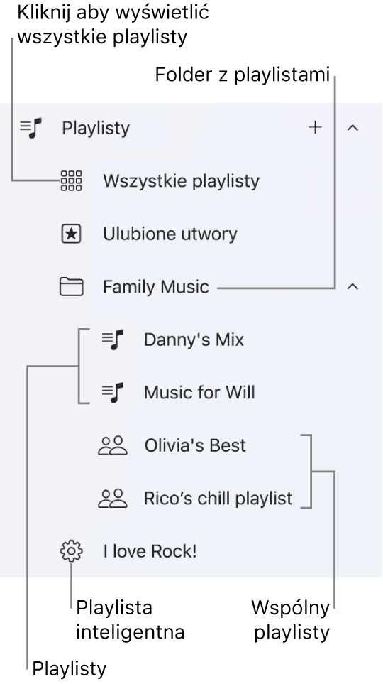 Pasek boczny aplikacji Apple Music z różnymi typami playlist. Aby wyświetlić wszystkie playlisty, wybierz przycisk Wszystkie playlisty. Możesz także utworzyć folder playlist.