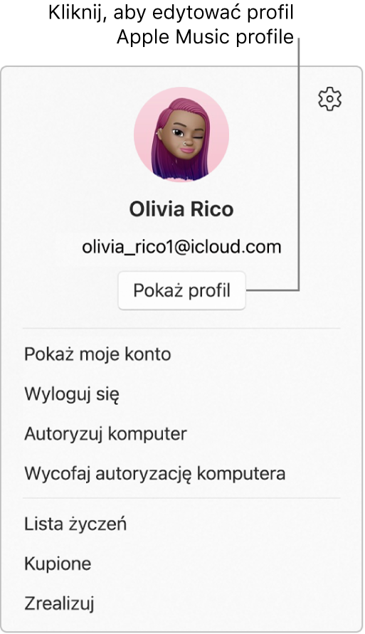 Menu profilu, które pojawia się po wybraniu Twojego imienia i nazwiska na dole paska bocznego. Zdjęcie użytkownika i konto Apple są widoczne u góry. Przycisk Pokaż profil znajduje się pod kontem Apple. Menu zawiera m.in. opcje Pokaż moje konto, Autoryzuj komputer i Lista życzeń.