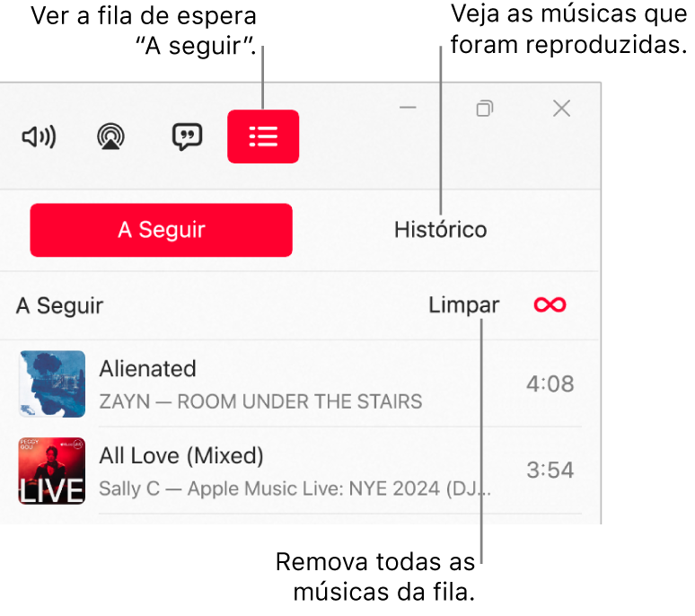 Canto superior direito da janela do Apple Music com o botão A Seguir na parte superior da fila A Seguir. O botão Histórico está à direita do botão A Seguir. Selecione o botão Histórico para ver as músicas reproduzidas anteriormente. O link Limpar está abaixo do botão Histórico. Selecione o link Limpar para remover todas as músicas da fila.