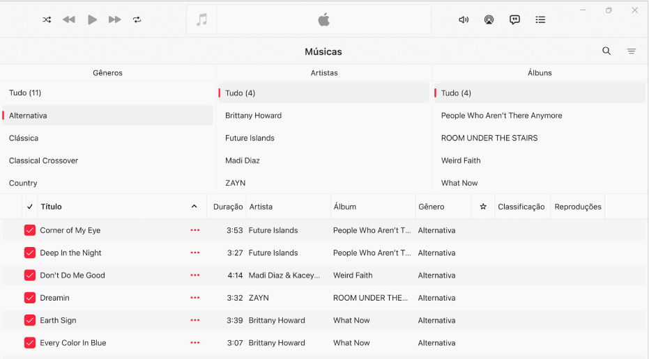 A janela do Apple Music mostrando o navegador por colunas acima da lista de músicas.