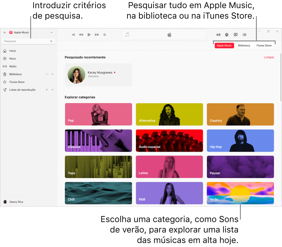 A janela da aplicação Apple Music a mostrar o campo de pesquisa no canto superior esquerdo, a lista de categorias ao centro da janela e os botões “Apple Music”, “Biblioteca” e “iTunes Store” no canto superior direito.