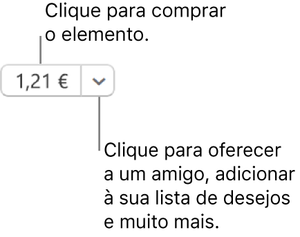 Um botão a mostrar um preço. Selecione o preço para comprar o elemento. Selecione a seta ao lado do preço para oferecer o elemento a um amigo, adicionar o elemento à lista de desejos, etc.