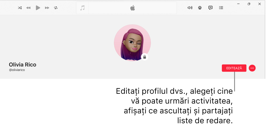 Pagina de profil din Apple Music: în partea dreaptă a ferestrei se află butonul Editare, pe care îl puteți selecta pentru a vă edita profilul, a selecta cine vă poate urmări activitatea, a afișa conținutul pe care îl ascultați și a partaja liste de redare.