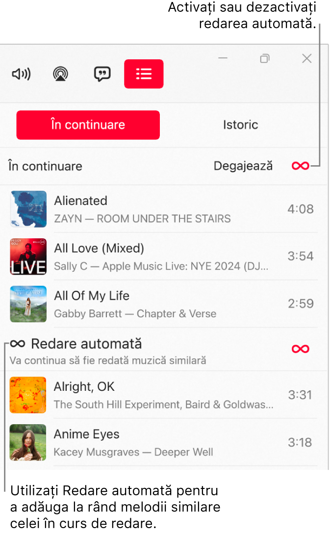 Lista “În continuare”, afișând o listă cu melodiile următoare și pictograma Redare automată în dreapta. Selectați pictograma Redare automată pentru a o activa sau dezactiva. Când redarea automată este pornită, melodii similare sunt adăugate la sfârșitul rândului de redare.