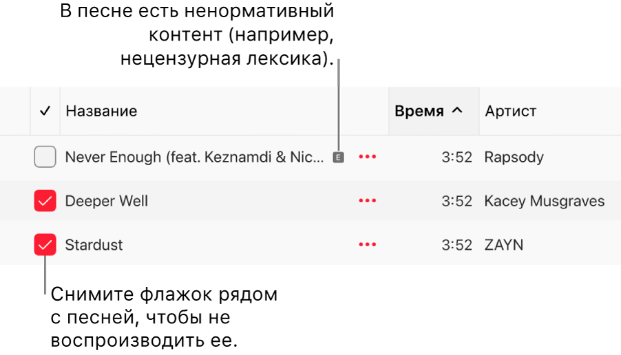 Фрагмент списка песен в приложении Apple Music. Показаны ячейки для установки флажков. Для первой песни отображается значок ненормативного контента, который указывает на наличие такого контента в песне (например, в ее тексте). Снимите флажок рядом с песней, чтобы предотвратить ее воспроизведение.