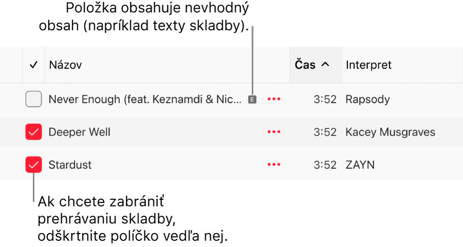 Detail zoznamu skladieb v apke Apple Music znázorňujúci zaškrtávacie políčka a symbol nevhodného obsahu pre prvú skladbu (označuje, že sa tam nachádza nevhodný obsah, ako napríklad text). Ak chcete zabrániť, aby sa skladba prehrávala, zrušte zaškrtnutie polička vedľa danej skladby.