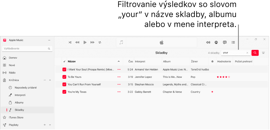 Okno Apple Music zobrazujúce zoznam skladieb, ktoré sa zobrazia, keď sa do poľa filtra v pravom hornom rohu zadá slovo „láska“. Skladby v zozname obsahujú slovo „love (láska)” vo svojom názve, v názve interpreta alebo v názve albumu.