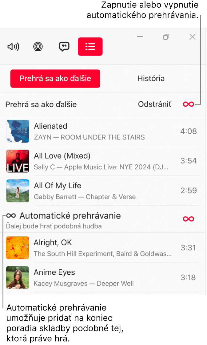 Poradovník Ďalšie zobrazujúci zoznam nasledujúcich skladieb a ikona automatického prehrávania na pravej strane. Výberom ikony Automatické prehrávanie ho môžete zapnúť alebo vypnúť. Keď je Automatické prehrávanie zapnuté, podobné skladby sa pridajú na koniec poradia.