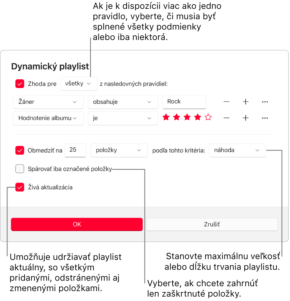 Dialógové okno dynamického playlistu: V ľavom hornom rohu zaškrtnite Zobrazí položku a špecifikujte kritériá playlistu (napríklad žáner alebo hodnotenie). Výberom tlačidiel Pridať alebo Odstrániť na pravej strane pridávajte alebo odstraňujte pravidlá. V spodnej časti dialógového okna môžete vybrať rôzne možnosti, napríklad obmedzenie veľkosti alebo dĺžky trvania playlistu, zahrnutie len zaškrtnutých skladieb, prípadne aktualizáciu playlistu v apke Apple Music pri zmene položiek v knižnici.