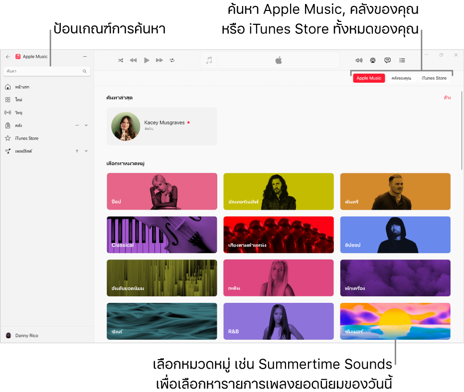 หน้าต่าง Apple Music ที่แสดงช่องค้นหาที่มุมซ้ายบนสุด รายการหมวดหมู่ที่กึ่งกลางของหน้าต่าง และปุ่ม Apple Music, คลังของคุณ และ iTunes Store ที่มุมขวาบนสุด