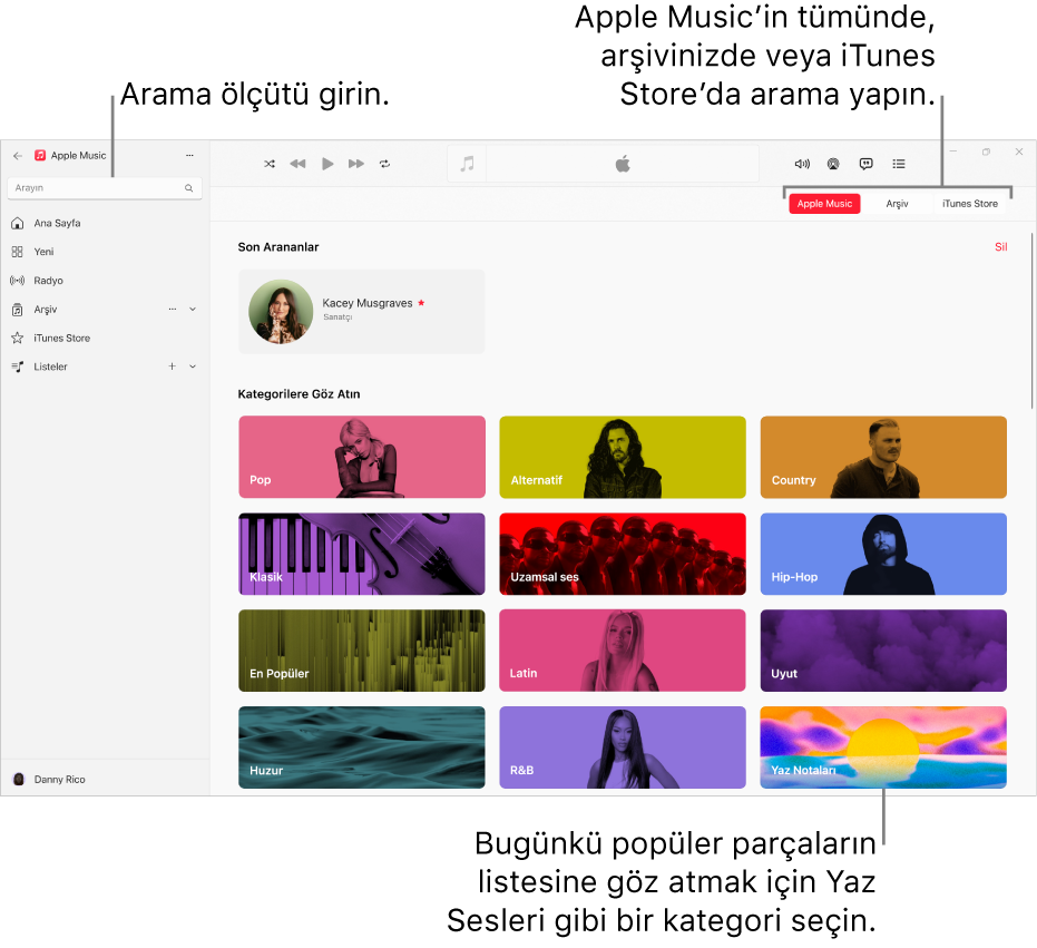 Sol üst köşede arama alanını, pencerenin ortasında kategori listesini ve sağ üst köşede Apple Music, Arşiviniz ve iTunes Store düğmelerini gösteren Apple Music penceresi.